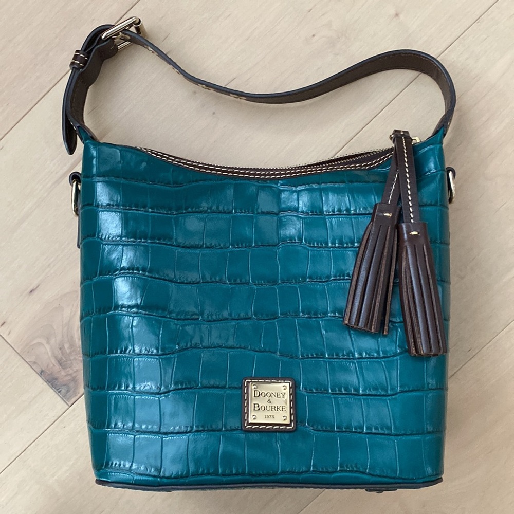 Dooney & Bourke Teal Croc-Embossed Leather Shoulder Bag with Brown Trim